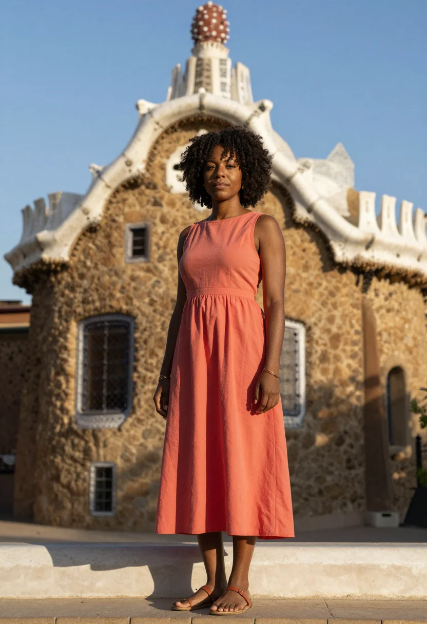 AI park guell sample — three-quarter-length portrait of a Black woman with medium-d