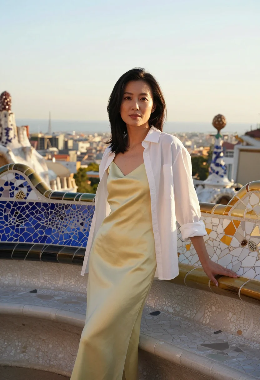 AI park guell sample — three-quarter-length portrait of an East-Asian woman with fa