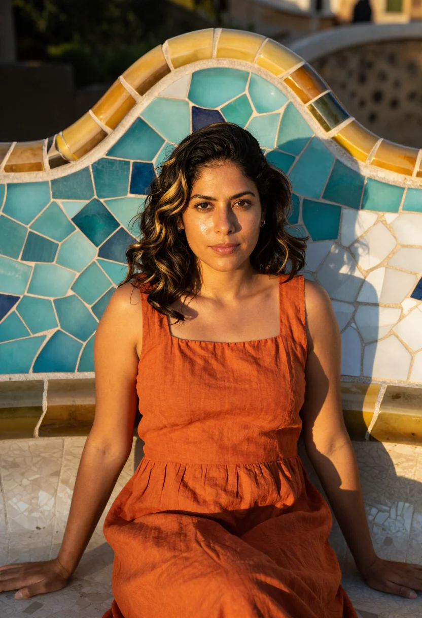 AI park guell sample — half-length portrait of a Latina woman with golden-tan skin,