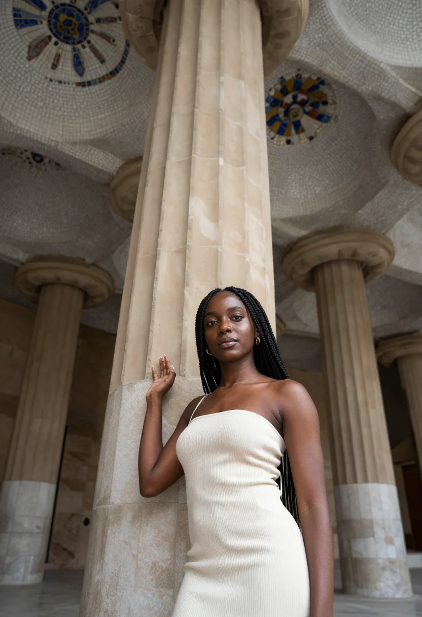 AI park guell sample — half-length three-quarter portrait of a Black woman with dee