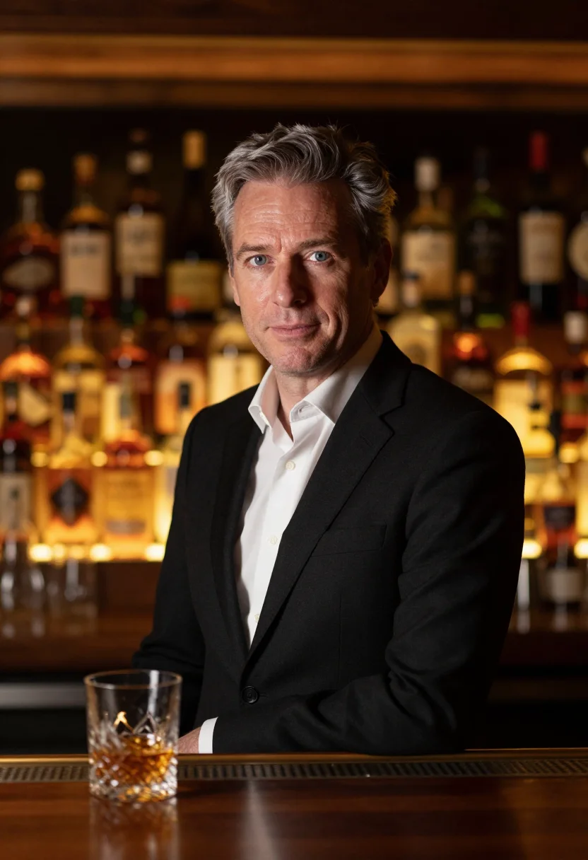 AI park hyatt tokyo new york bar glass sample — portrait of a man, a French guest in his late forties with f