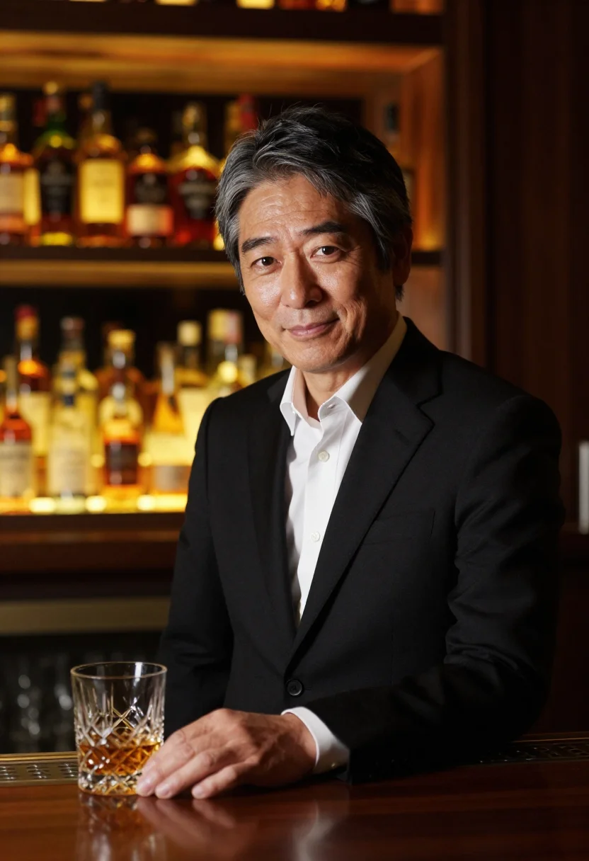 AI park hyatt tokyo new york bar glass sample — portrait of a man, a Japanese guest in his early fifties wit