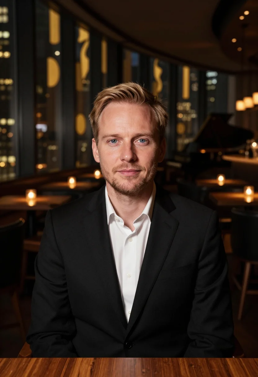AI park hyatt tokyo new york bar glass sample — portrait of a man, a Swedish guest in his late thirties with
