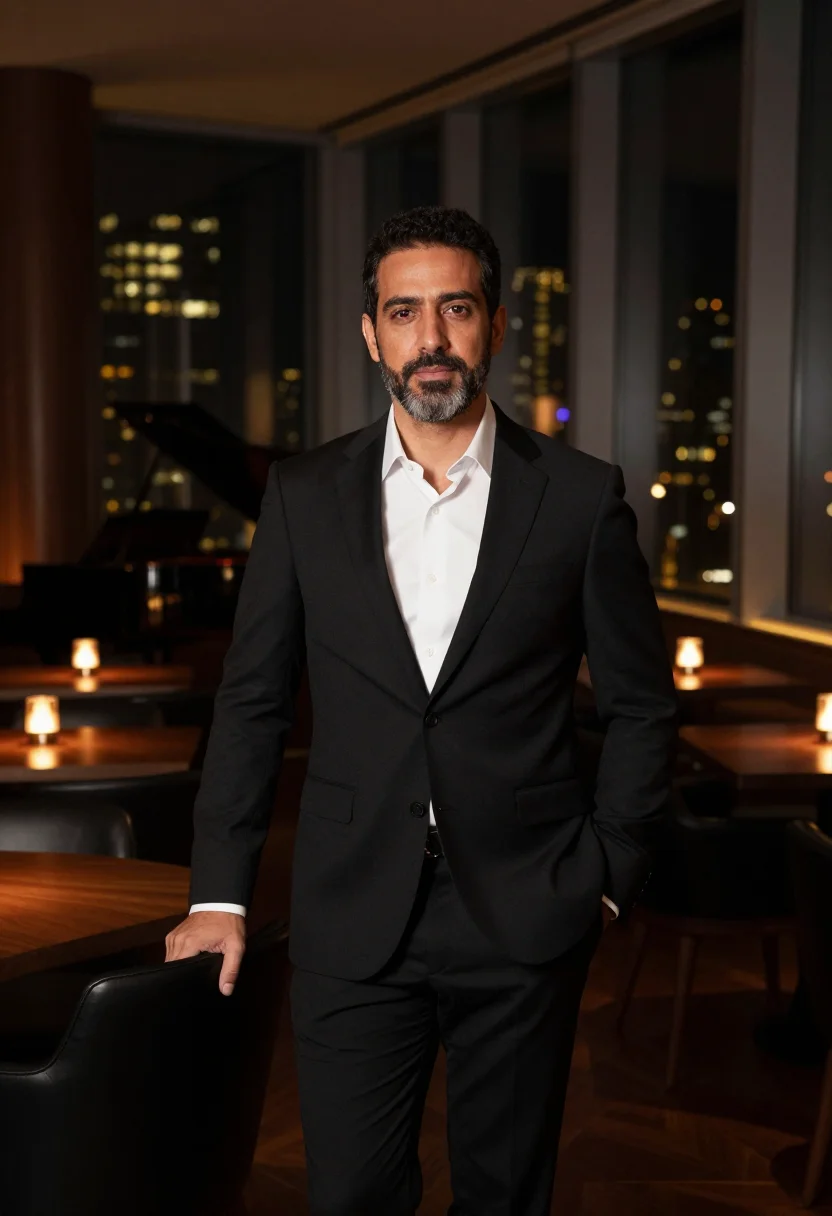 AI park hyatt tokyo new york bar glass sample — portrait of a man, a Spanish guest in his mid-forties with g