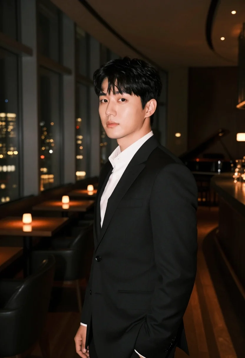 AI park hyatt tokyo new york bar glass sample — portrait of a man, a Korean guest in his early thirties with