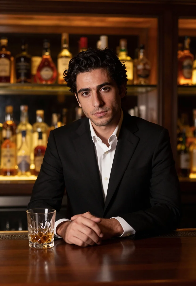 AI park hyatt tokyo new york bar glass sample — portrait of a man, an Italian guest in his early thirties wi