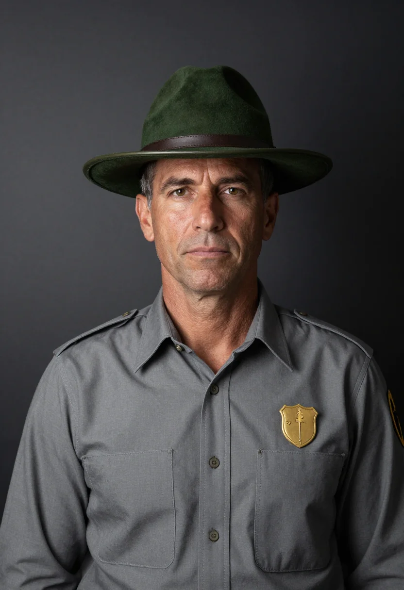 AI park ranger sample — portrait of a man, chest-up formal portrait of an American m
