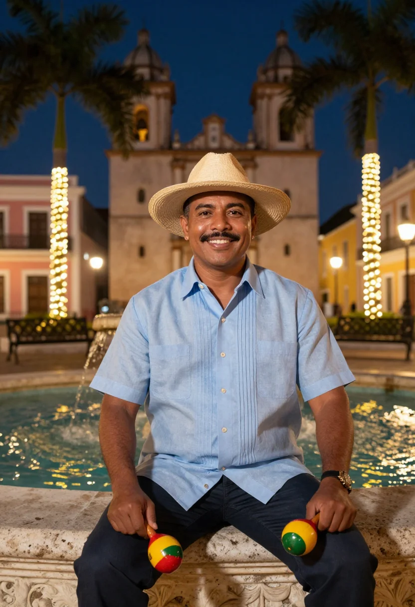AI parranda puerto rico sample — editorial portrait photograph, a Puerto Rican man in his mid