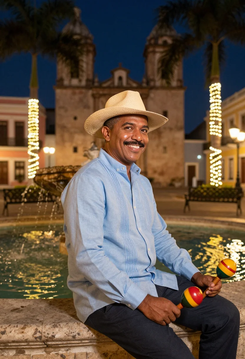 AI parranda puerto rico sample — editorial portrait photograph, a Puerto Rican man in his mid