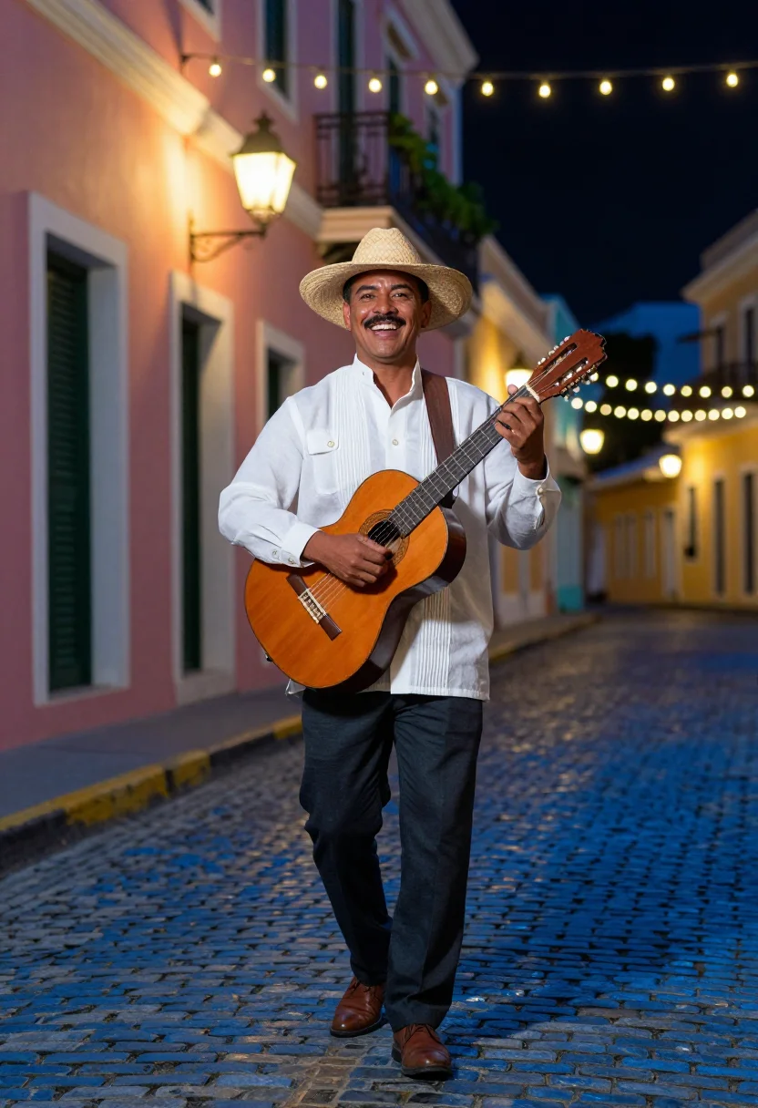 AI parranda puerto rico sample — editorial portrait photograph, a Puerto Rican man in his mid