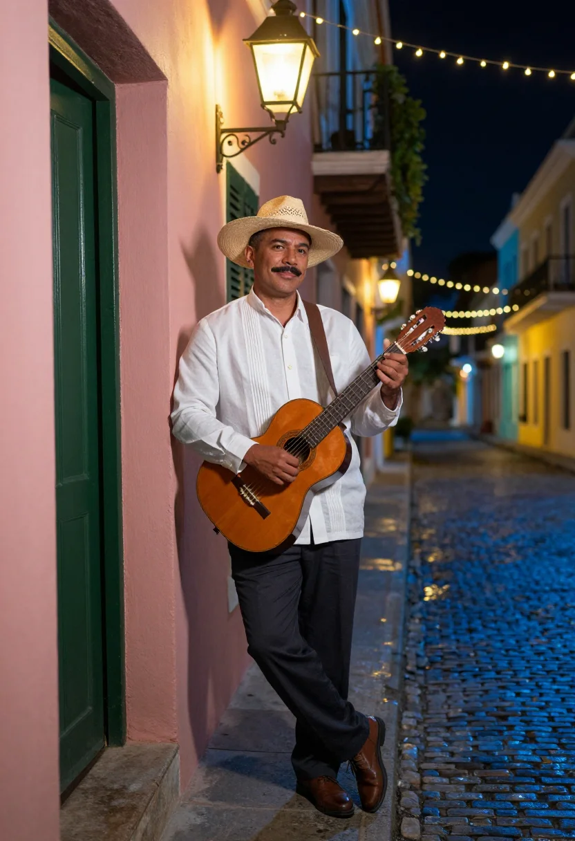 AI parranda puerto rico sample — editorial portrait photograph, a Puerto Rican man in his mid