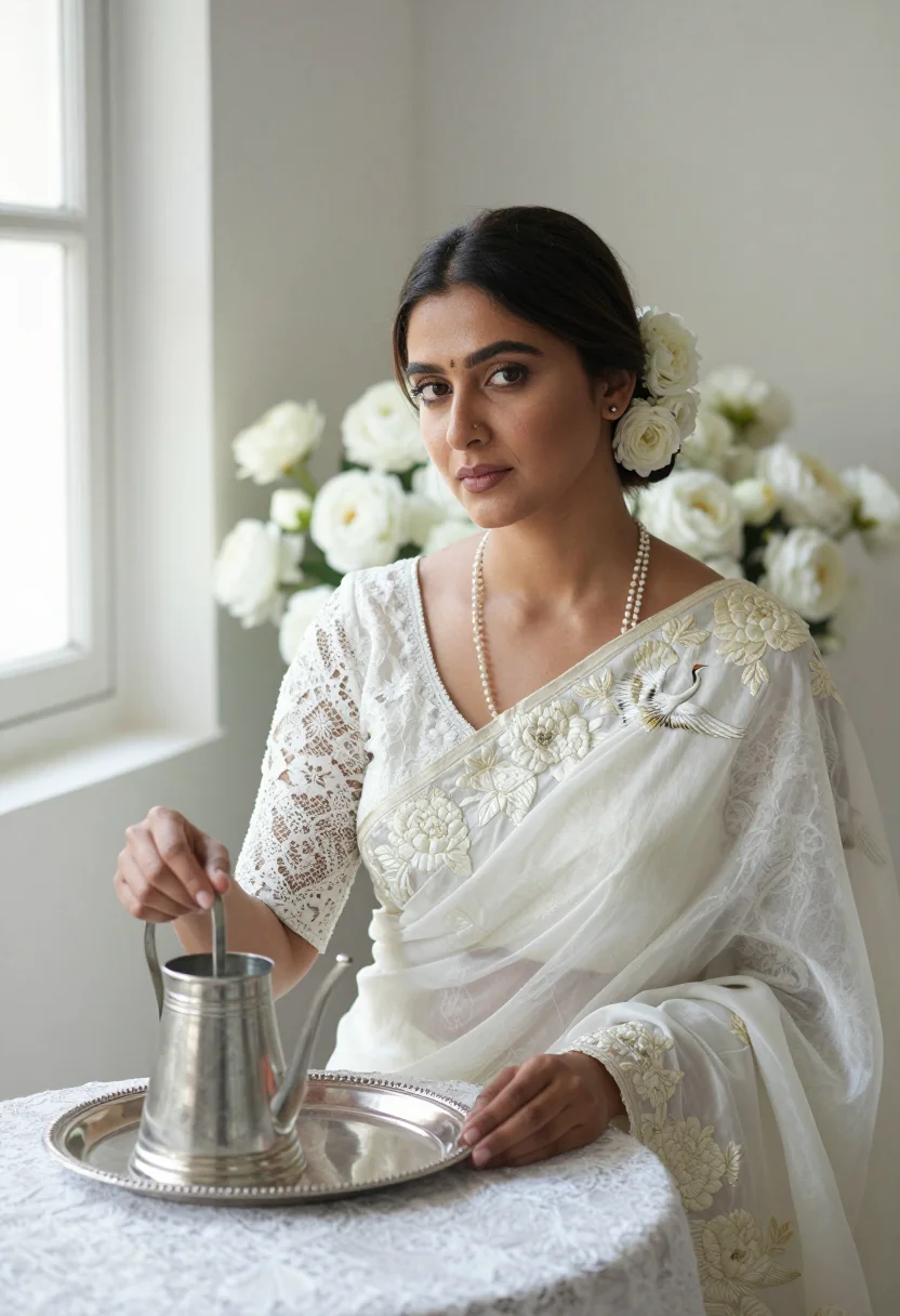 AI parsi gara sample — portrait of a woman, seated chest-up portrait of a Parsi wom