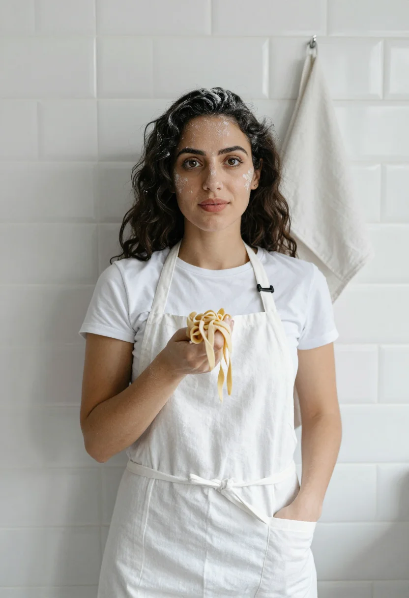 AI pasta sunday flour white sample — portrait of a woman, framed half-length from the head to the