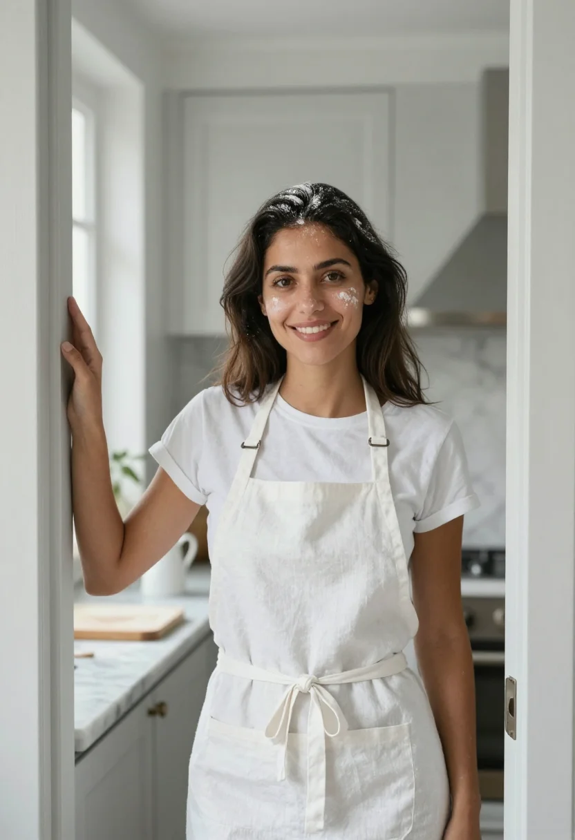 AI pasta sunday flour white sample — portrait of a woman, framed chest-up, cropped at the ribs, t