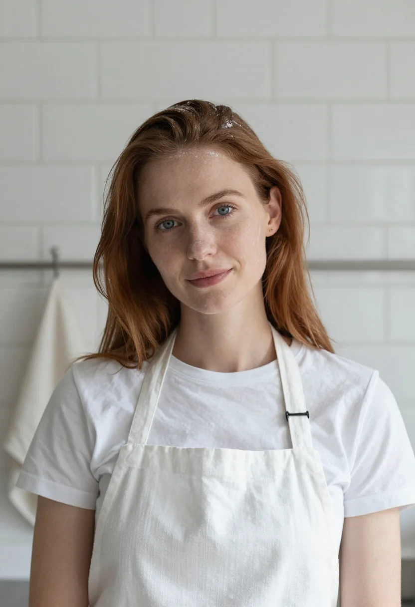 AI pasta sunday flour white sample — portrait of a woman, framed tight, head and shoulders, the b