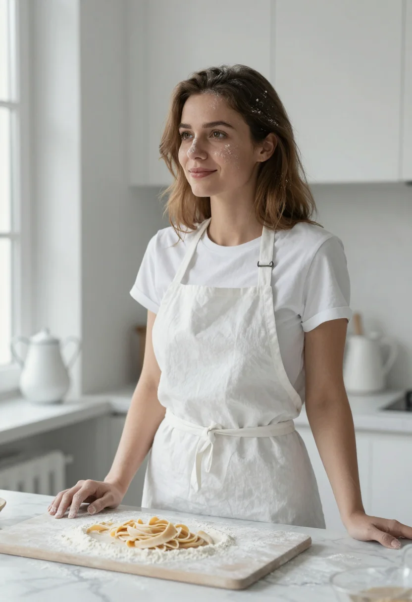 AI pasta sunday flour white sample — portrait of a woman, framed chest-up, cropped at the ribs, t