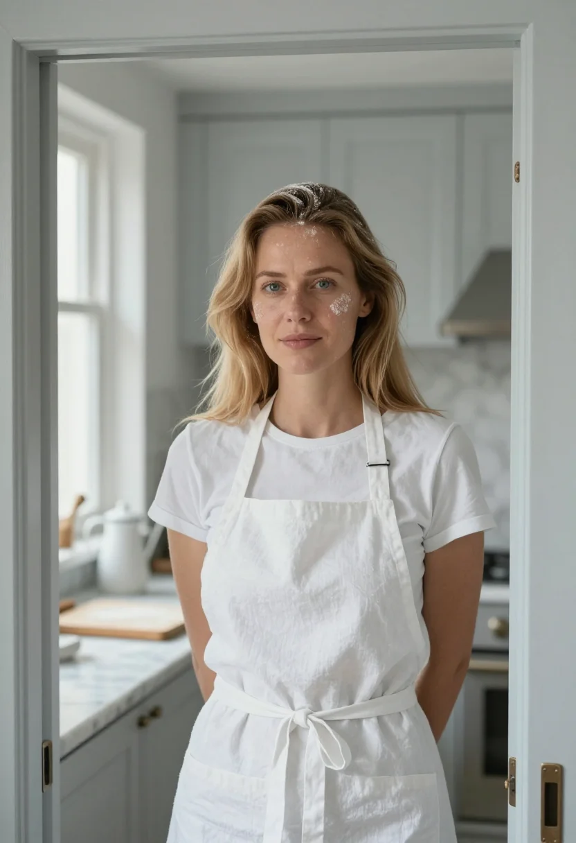 AI pasta sunday flour white sample — portrait of a woman, framed tight, head and shoulders, the b