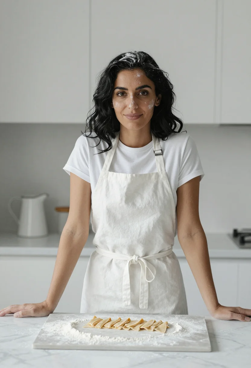 AI pasta sunday flour white sample — portrait of a woman, framed half-length from the head to the