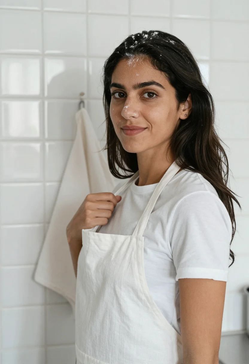 AI pasta sunday flour white sample — portrait of a woman, framed chest-up, cropped at the ribs, t
