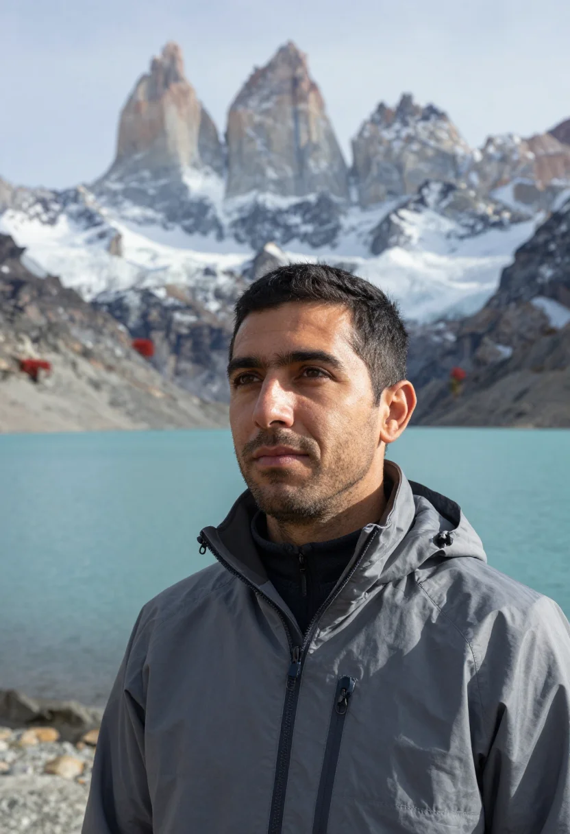 AI patagonia autumn april lenga red sample — portrait of a man, a Chilean traveller in his mid-thirties w