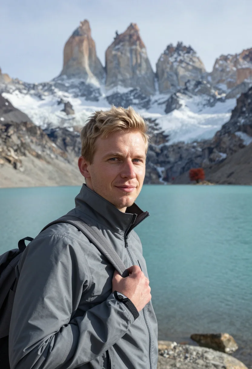 AI patagonia autumn april lenga red sample — portrait of a man, a German traveller in his late twenties w