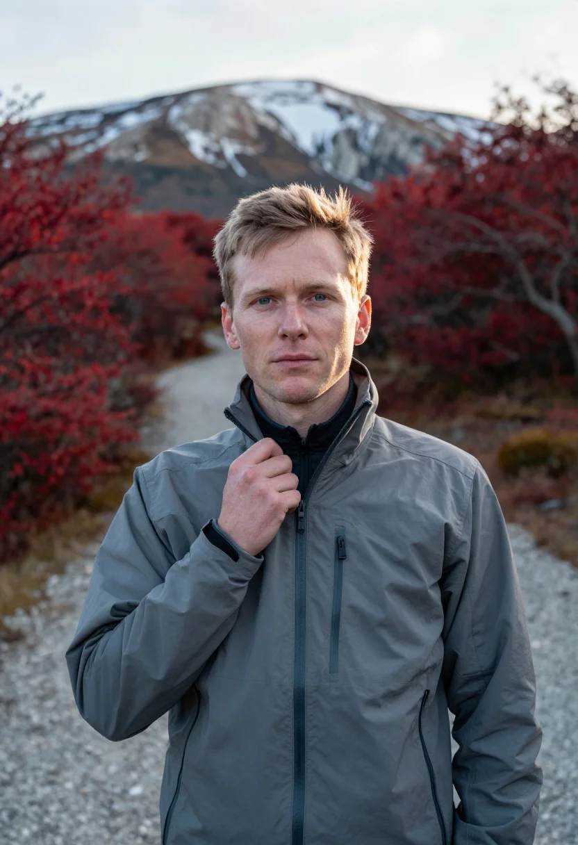 AI patagonia autumn april lenga red sample — portrait of a man, a Dutch traveller in his late thirties wi