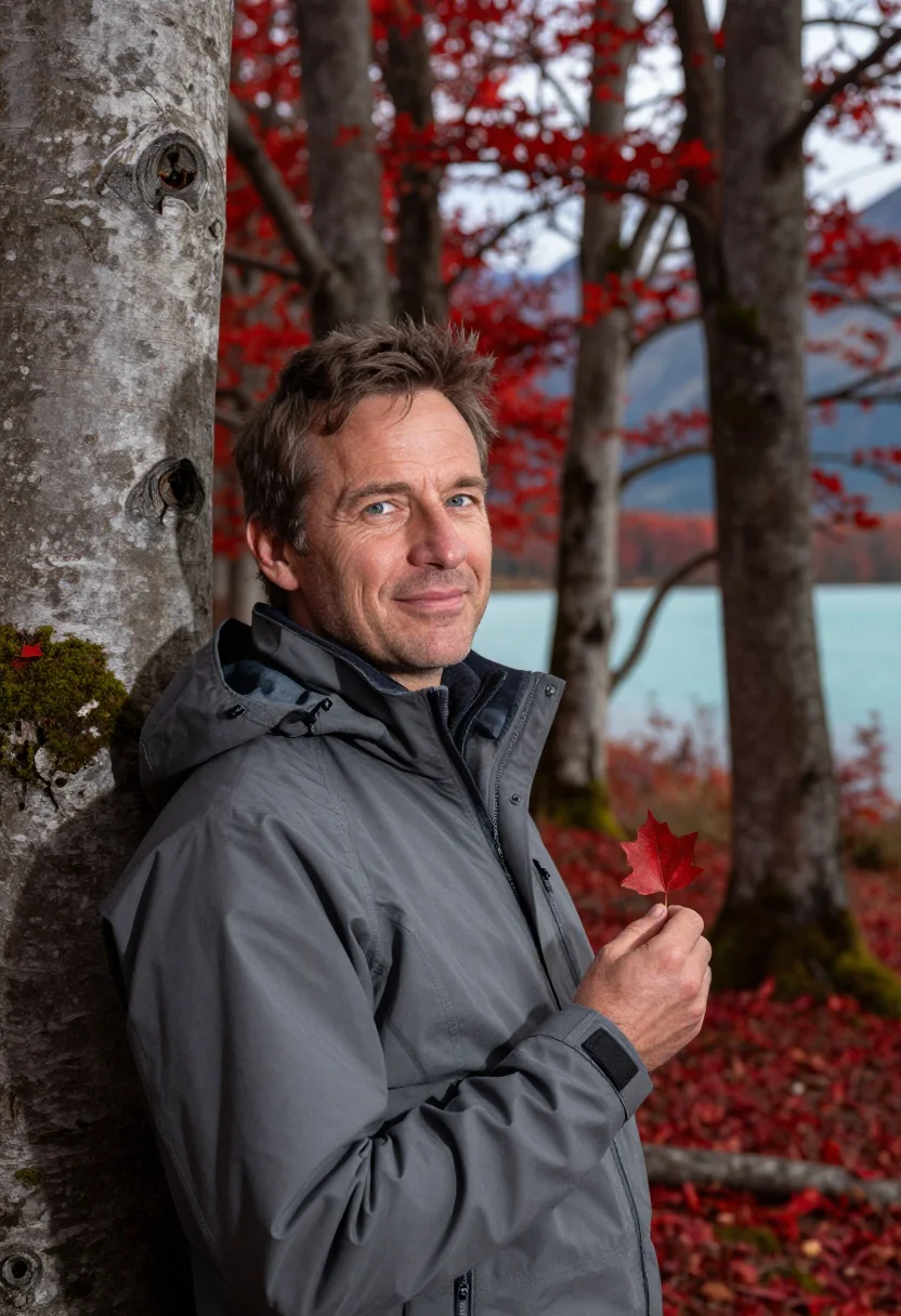 AI patagonia autumn april lenga red sample — portrait of a man, a Swiss traveller in his mid-forties with
