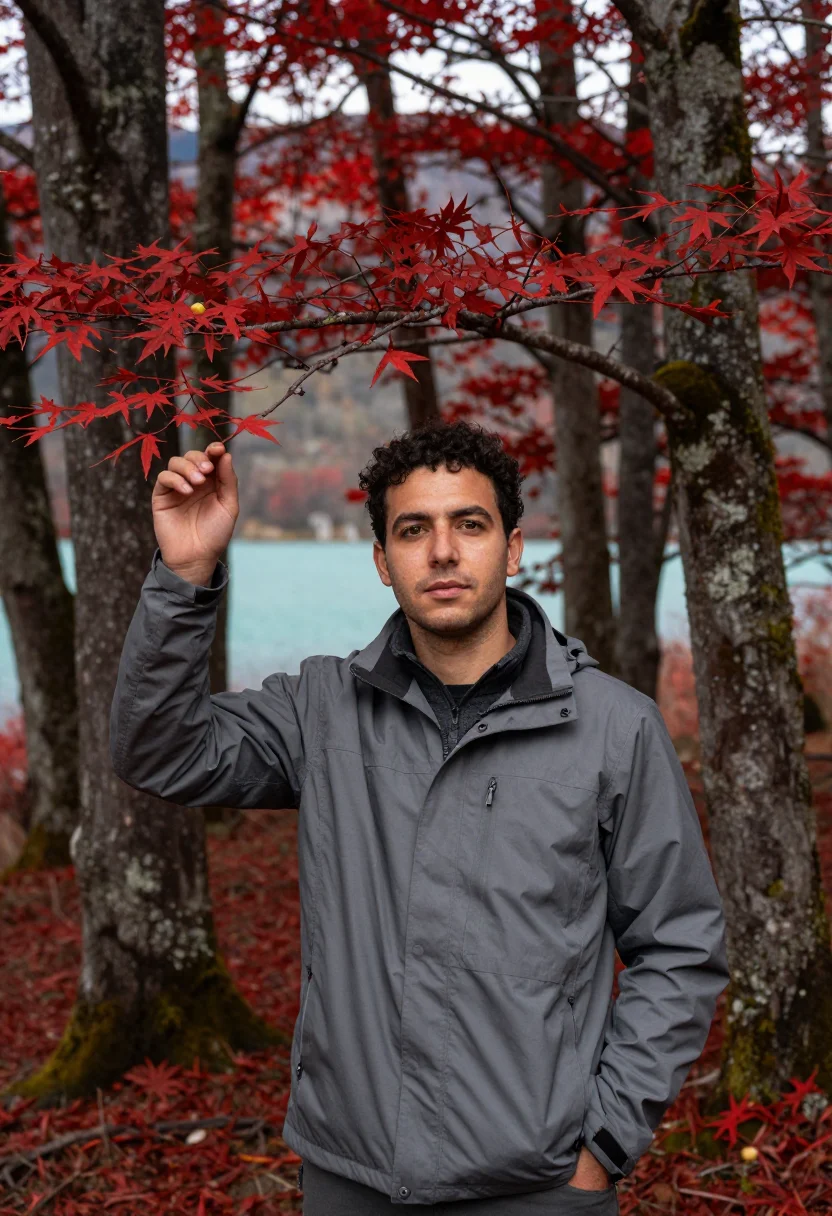 AI patagonia autumn april lenga red sample — portrait of a man, a Spanish traveller in his early thirties