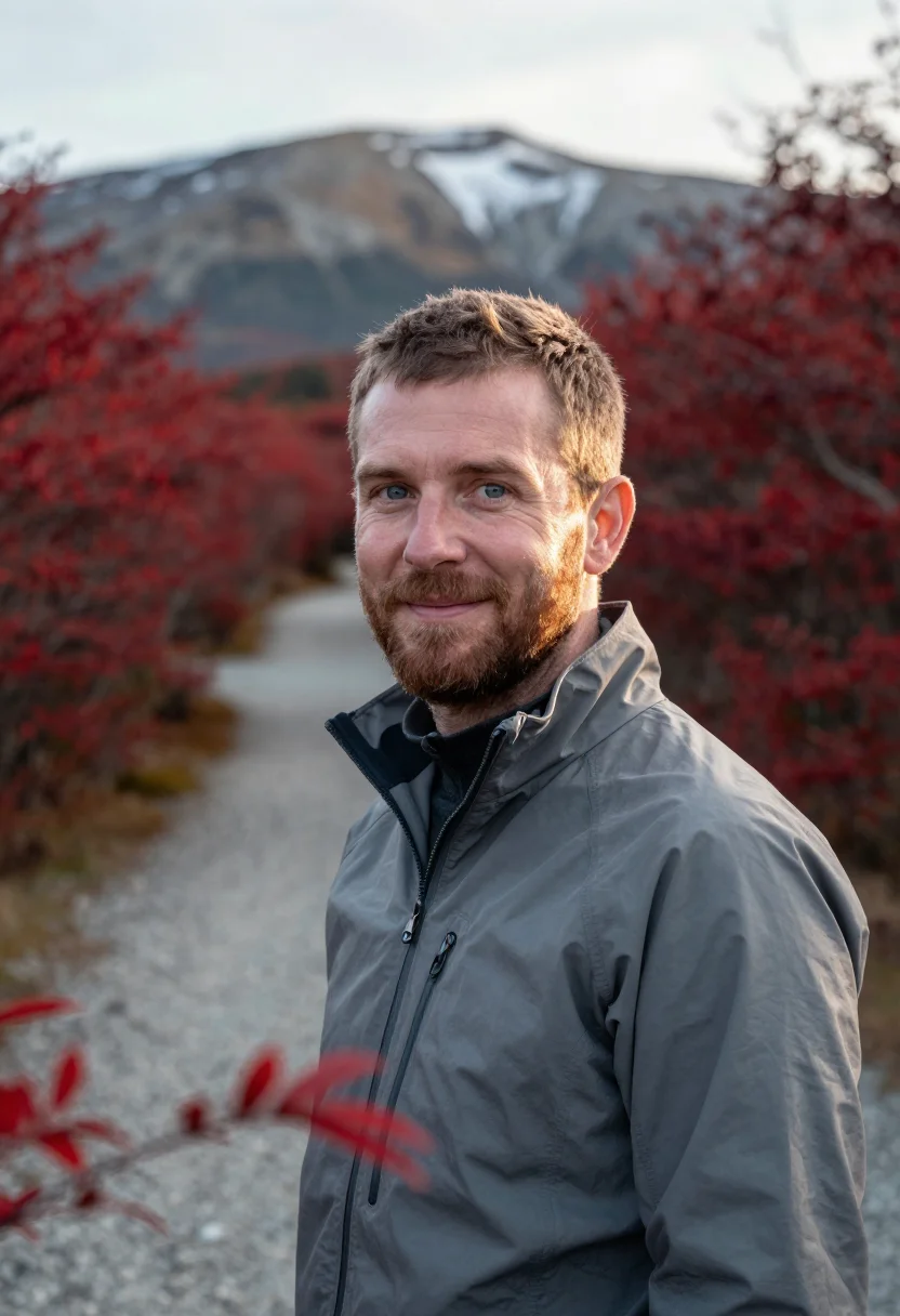 AI patagonia autumn april lenga red sample — portrait of a man, an English traveller in his early forties