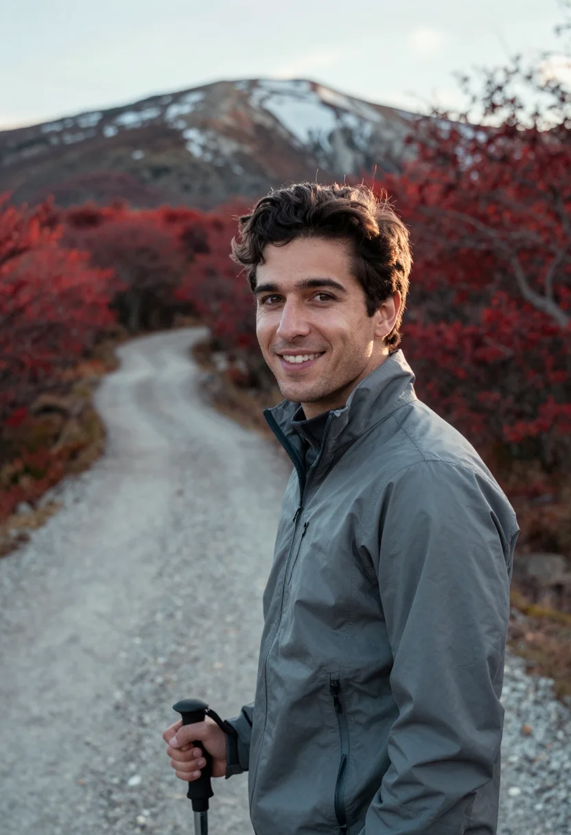 AI patagonia autumn april lenga red sample — portrait of a man, a French traveller in his late twenties w