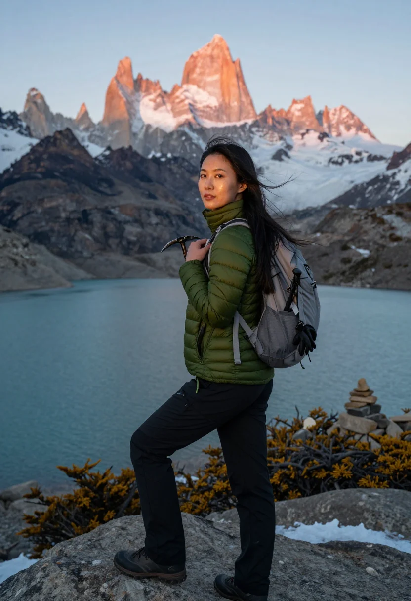 AI patagonia sample — three-quarter-length portrait of an East-Asian woman with wa