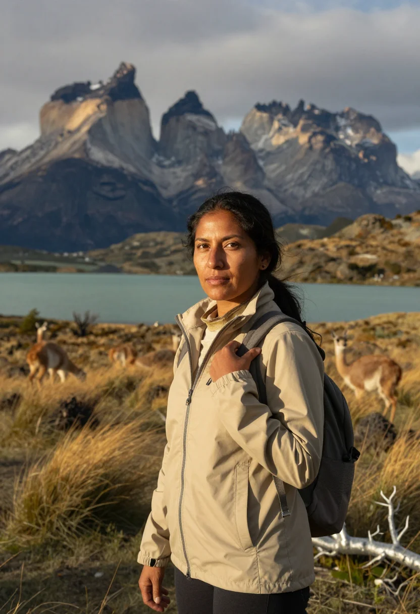 AI patagonia sample — half-length three-quarter portrait of a Latina woman with go