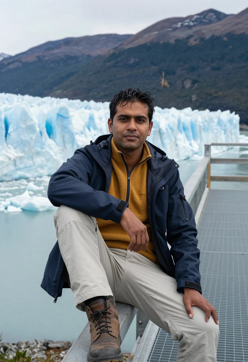 AI patagonia sample — three-quarter-length portrait of a South-Asian man with warm