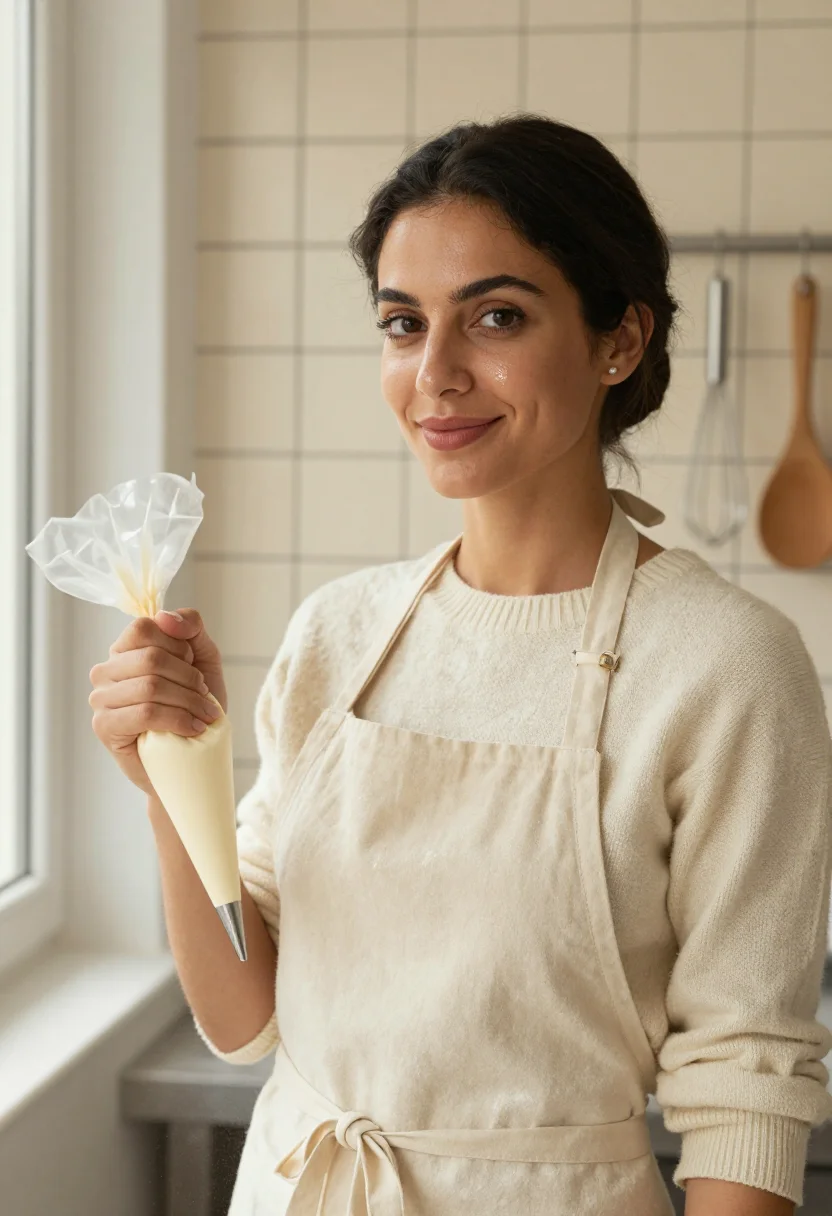 AI patisserie class november cream sample — portrait of a woman, framed chest-up, cropped at the ribs, t
