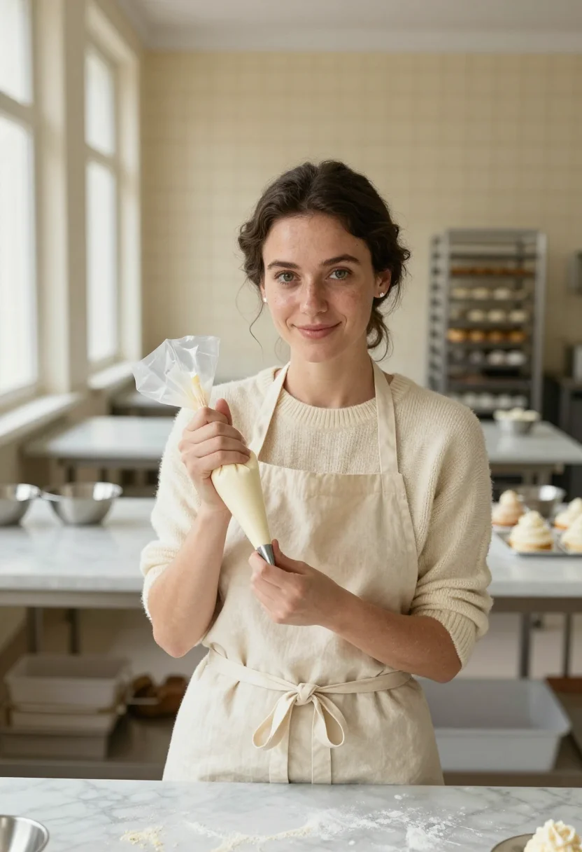 AI patisserie class november cream sample — portrait of a woman, framed chest-up, cropped at the ribs, t