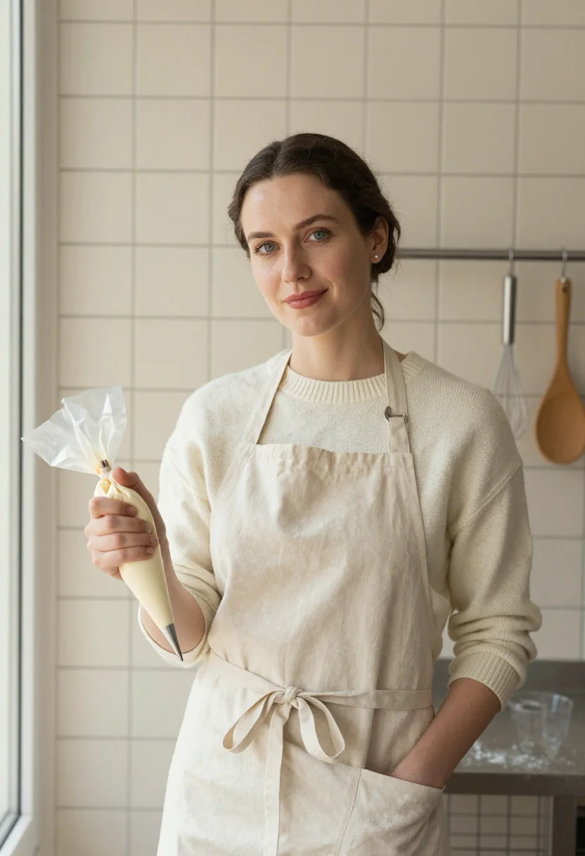 AI patisserie class november cream sample — portrait of a woman, framed half-length from the head to the