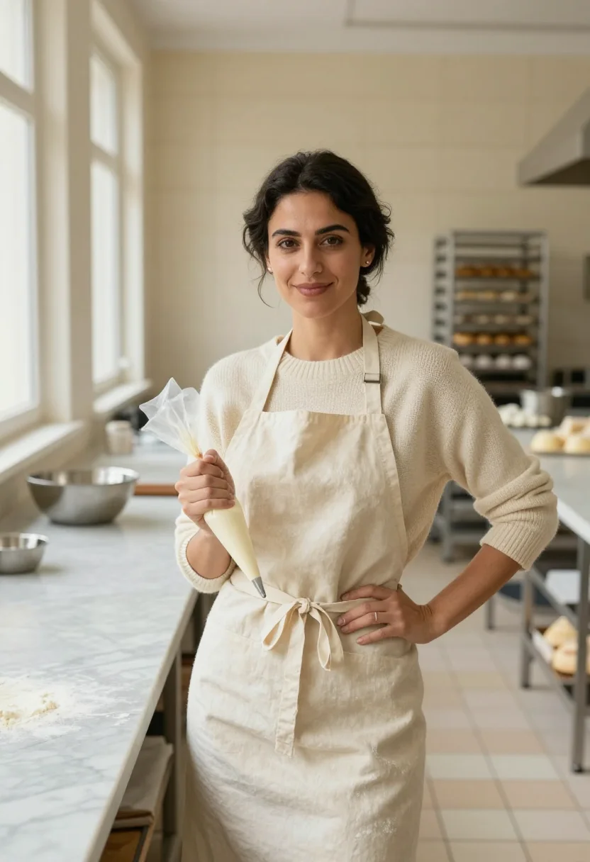 AI patisserie class november cream sample — portrait of a woman, framed half-length from the head to the