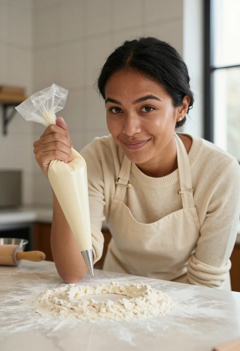 AI patisserie class november cream sample — portrait of a woman, framed tight, head and shoulders, the b