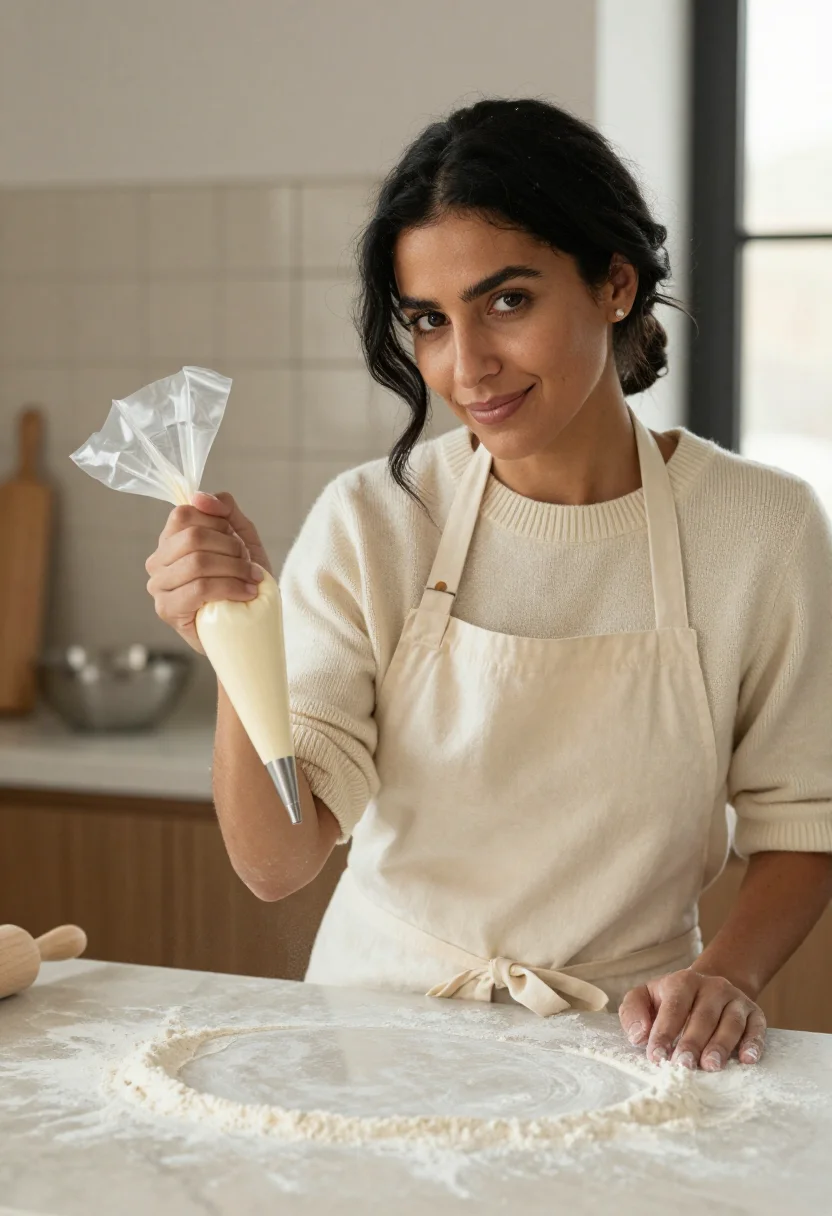 AI patisserie class november cream sample — portrait of a woman, framed chest-up, cropped at the ribs, t