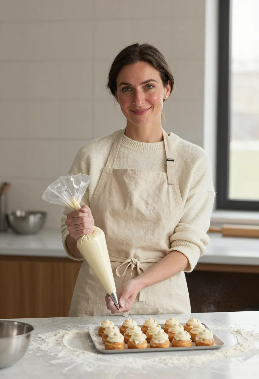 AI patisserie class november cream sample — portrait of a woman, framed half-length from the head to the