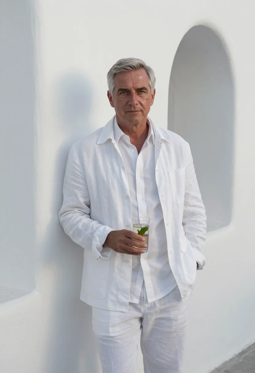 AI paul bowles tangier cafe hafa white sample — portrait of a man, framed half-length, to the waist, a moder