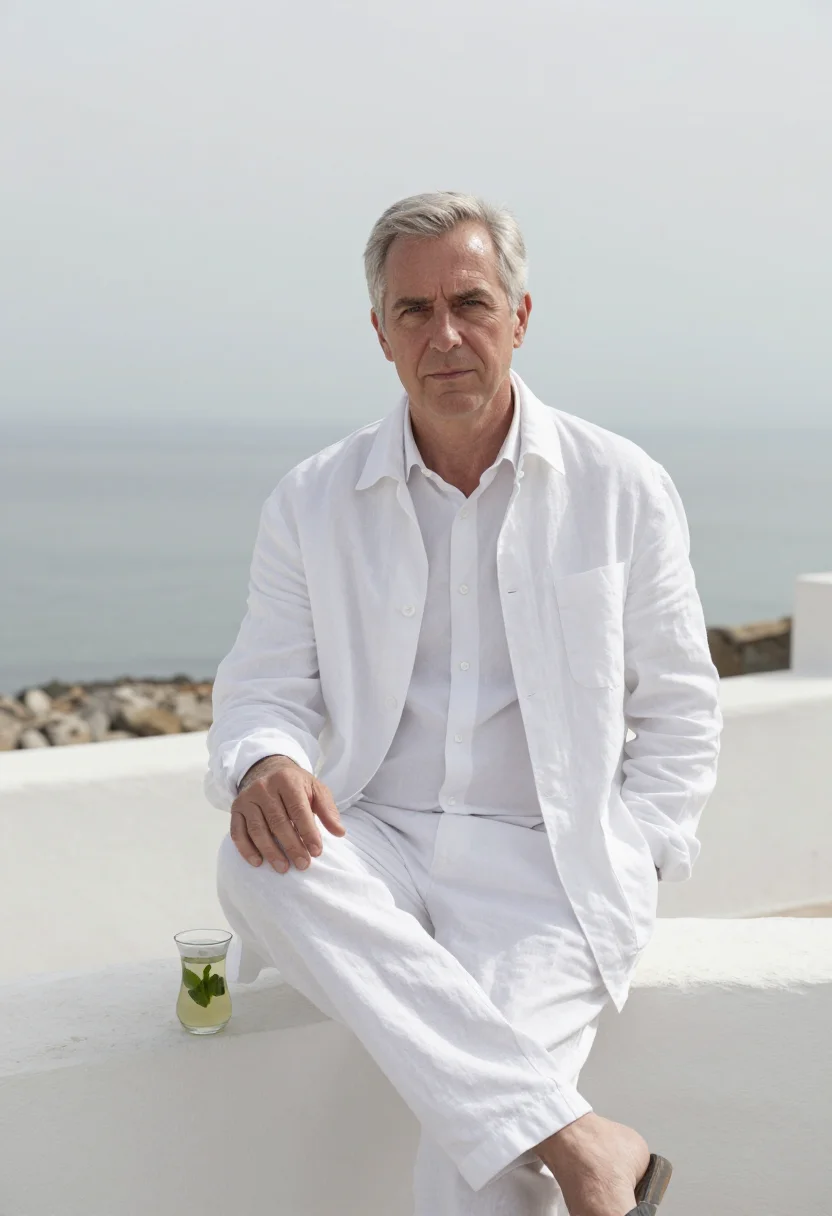 AI paul bowles tangier cafe hafa white sample — portrait of a man, framed three-quarter length, from the kne