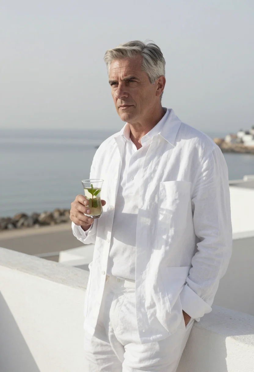 AI paul bowles tangier cafe hafa white sample — portrait of a man, framed chest-up, the body close to the le