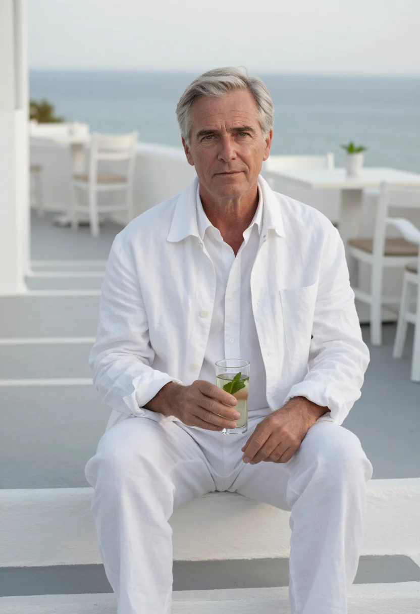 AI paul bowles tangier cafe hafa white sample — portrait of a man, framed half-length, to the waist, a moder