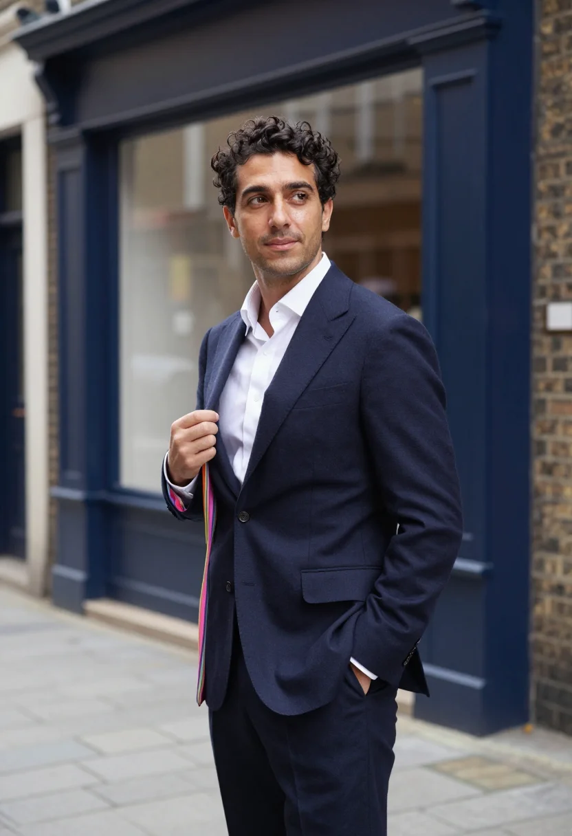 AI paul smith floral street multistripe navy palette men sample — portrait of a man, an Italian man in his late thirties with