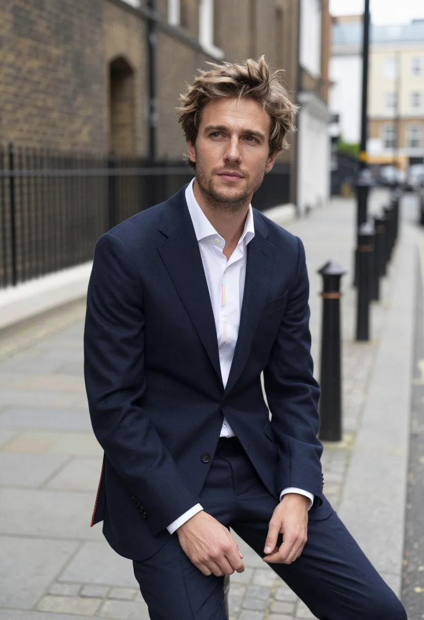 AI paul smith floral street multistripe navy palette men sample — portrait of a man, a French man in his early thirties with f