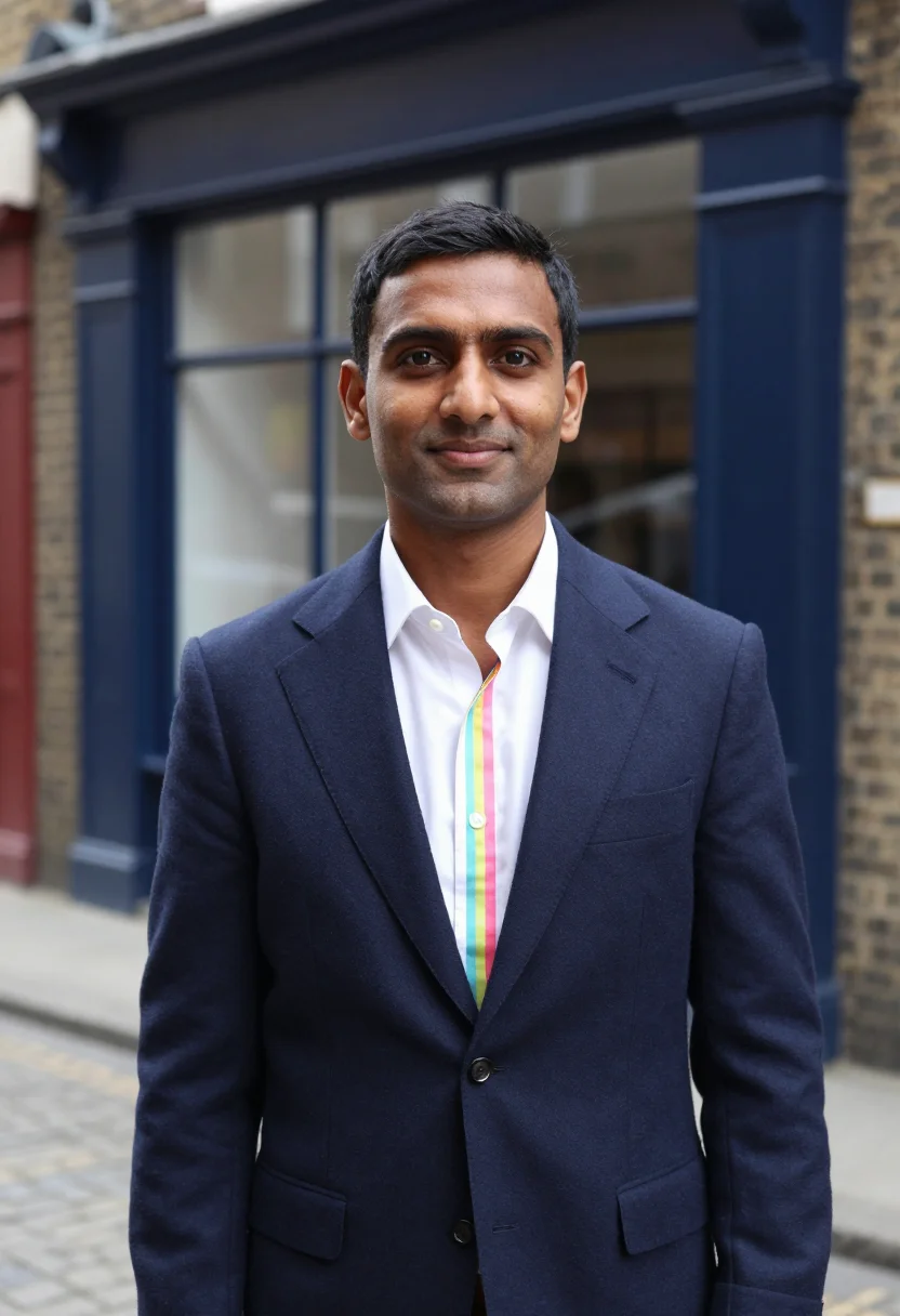 AI paul smith floral street multistripe navy palette men sample — portrait of a man, a British-Indian man in his mid-thirties