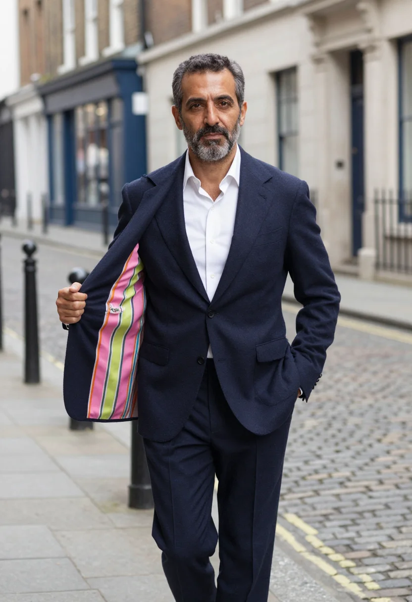 AI paul smith floral street multistripe navy palette men sample — portrait of a man, a Spanish man in his late forties with ol