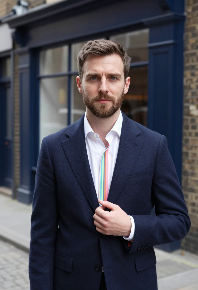 AI paul smith floral street multistripe navy palette men sample — portrait of a man, an English man in his early forties with
