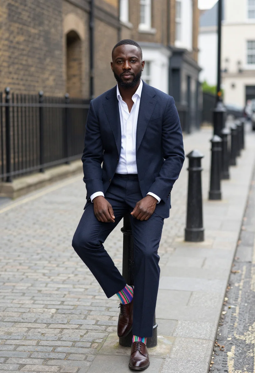 AI paul smith floral street multistripe navy palette men sample — portrait of a man, a British-Ghanaian man in his late thirti